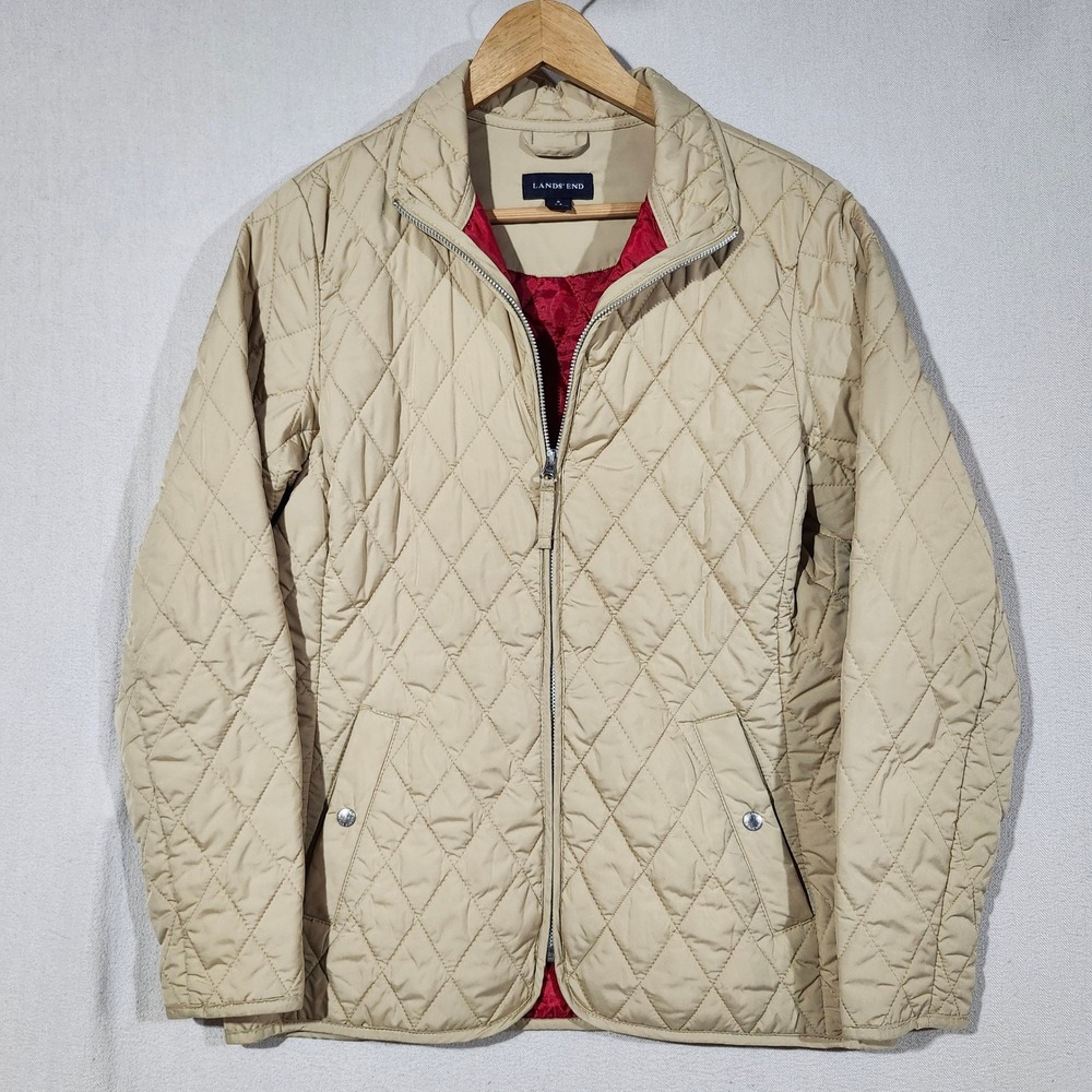 Lands End Womens Tan Quilted Barn Jacket Full Zip Red Lining Small 6-8 387488